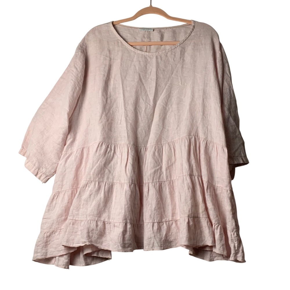 Made in Italy Pink 100% Linen Tiered Tunic Top 3/4 Sleeve Babydoll Blouse 20525
